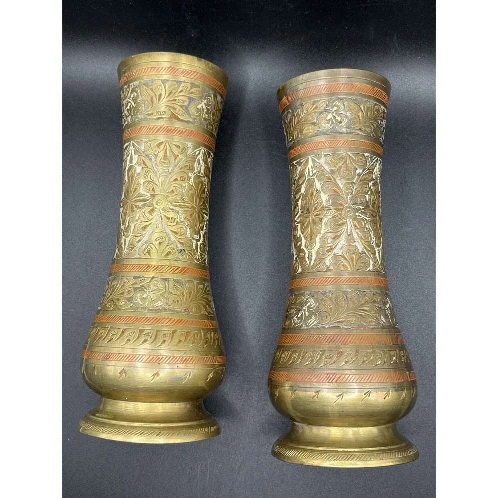 Set of 2 Solid Brass‎ Vase Etched Design 7